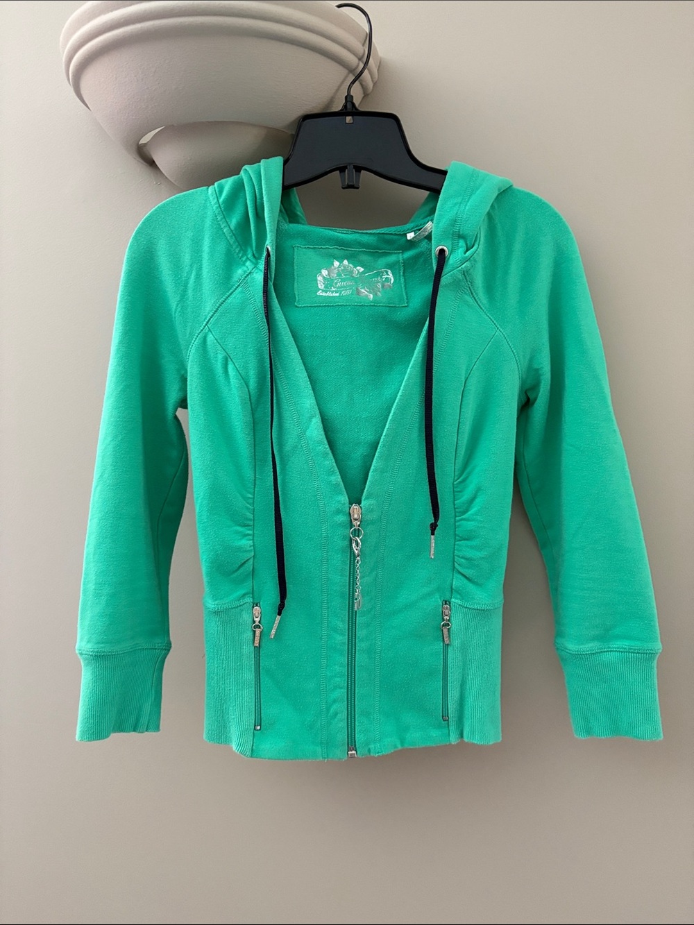 Guess Mint Green Zip Hoodie with Black Drawstrings